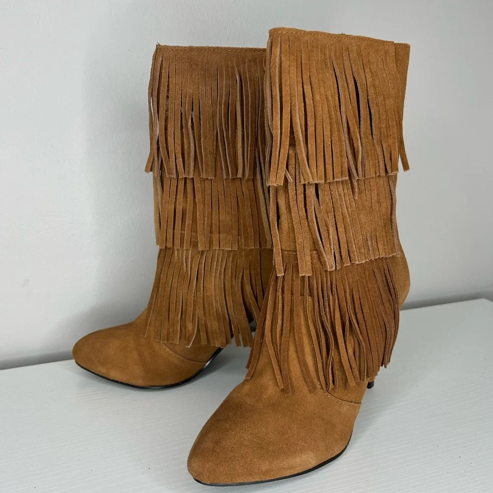 NEW Catherine Malandrino suede leather fringe heeled stiletto boots/festival. - Picture 4 of 14